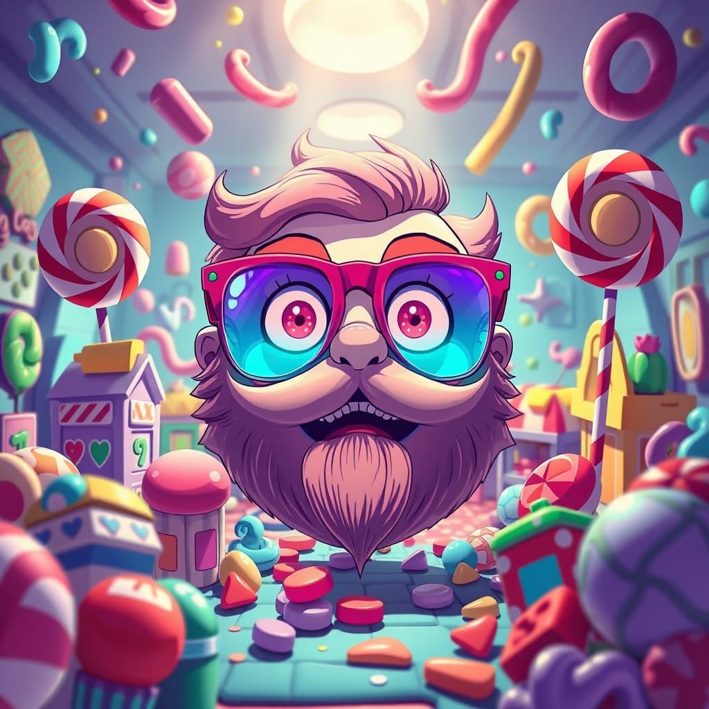 90s Anime Style Attack of Bearded Eyeglasses in Candyland