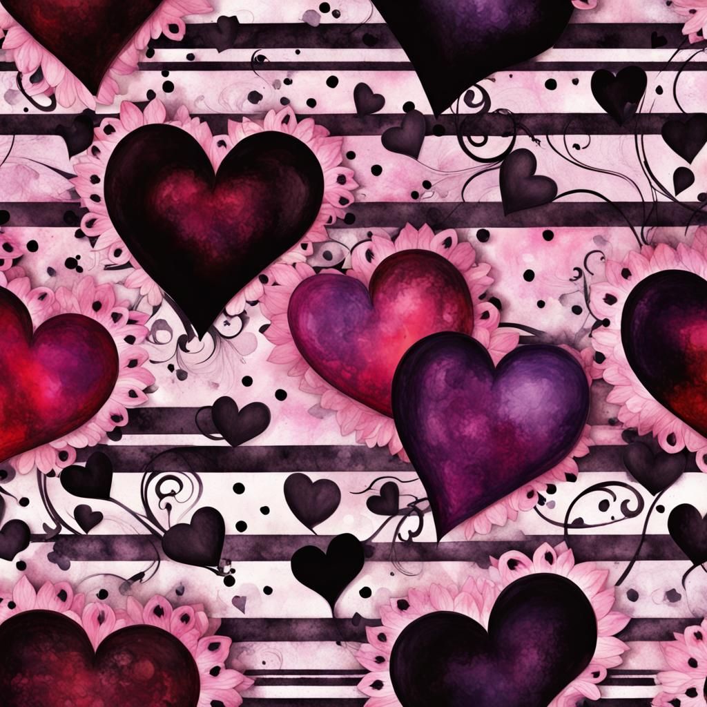 Gothic Hearts on Floral Paper, 3D Romantic Art
