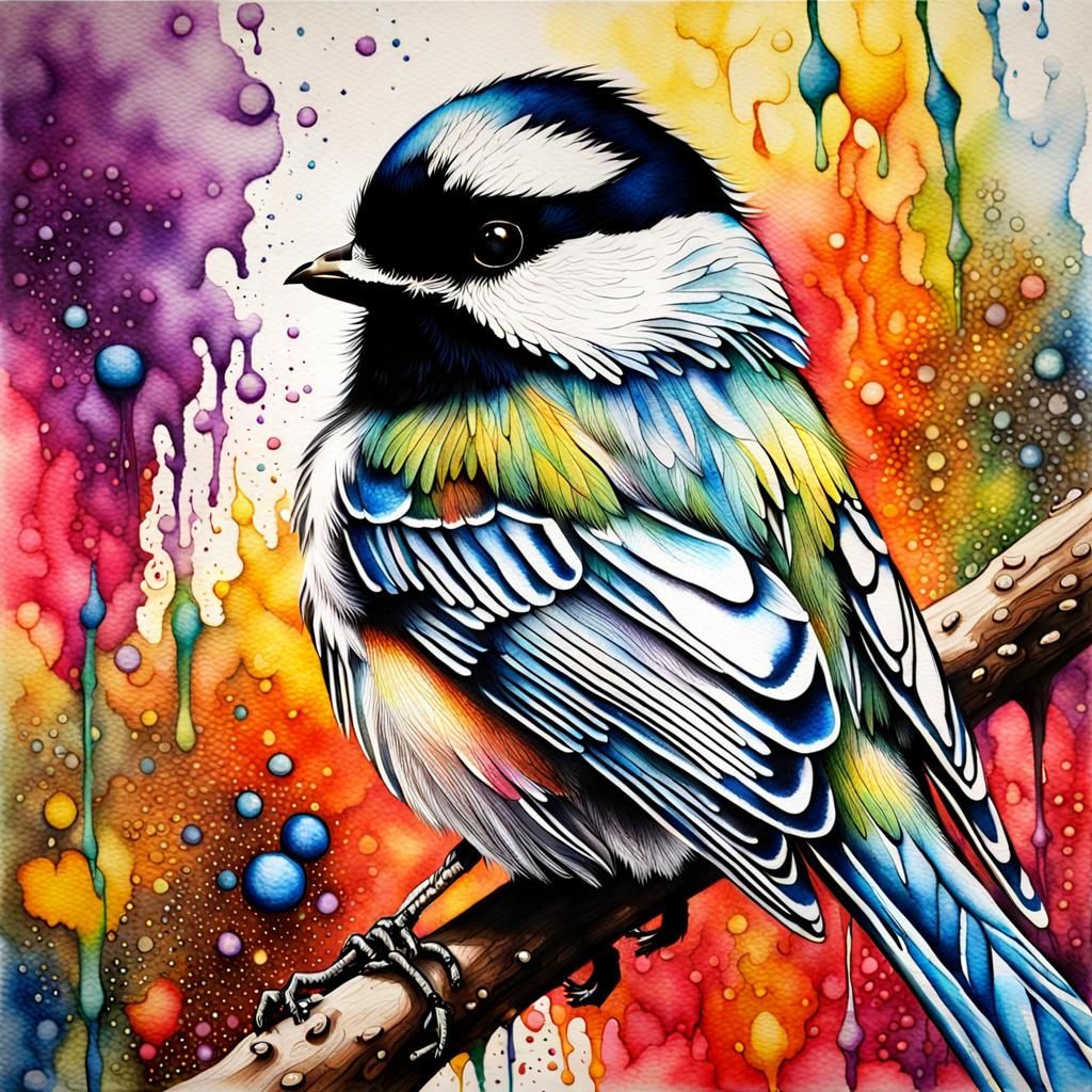 Gorgeous Chickadee with Watercolor and Ink Splatter Effects