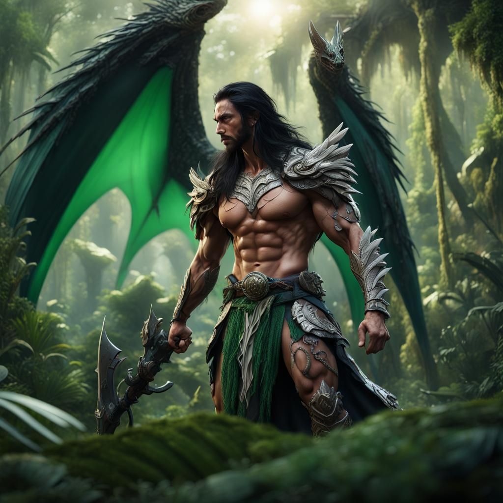 Hyperrealistic Muscular Warrior in Tropical Forest