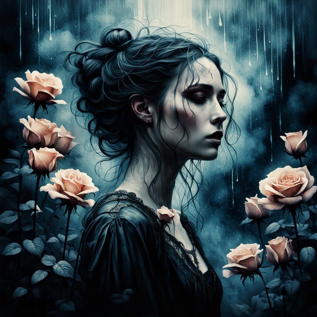 Woman in Rose Ink Rain Ethereal Watercolor Art