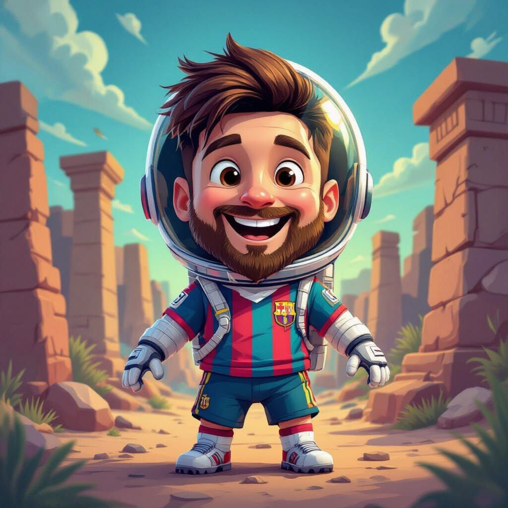 Astronaut Messi Explores Cartoon Ruins in 3D Art Style
