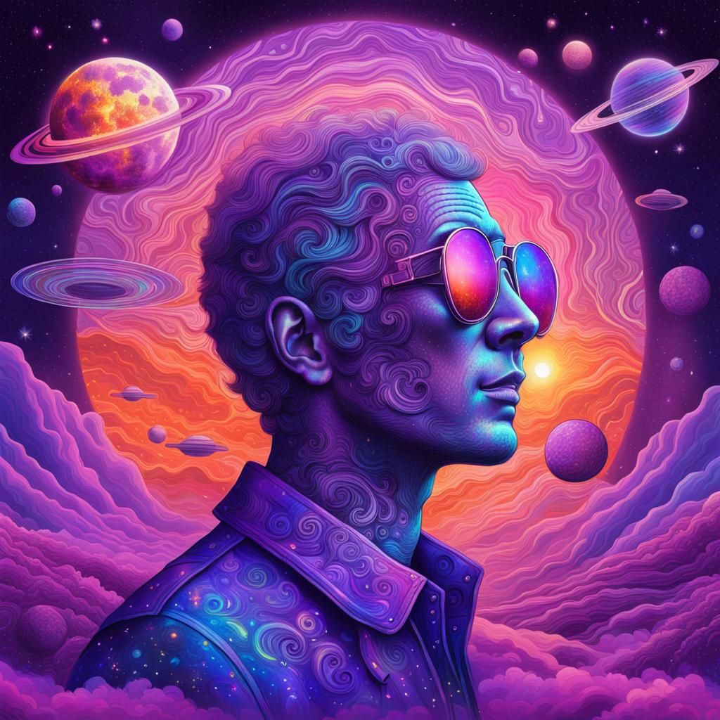 Groovy 1960s Cosmic Sky Illustration in Mixed Media