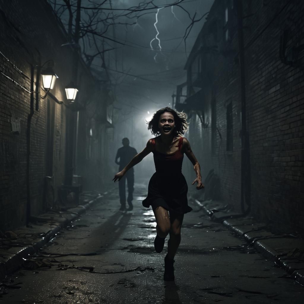 Terrified Girl Runs from Nightmare Figure in Dark Alley