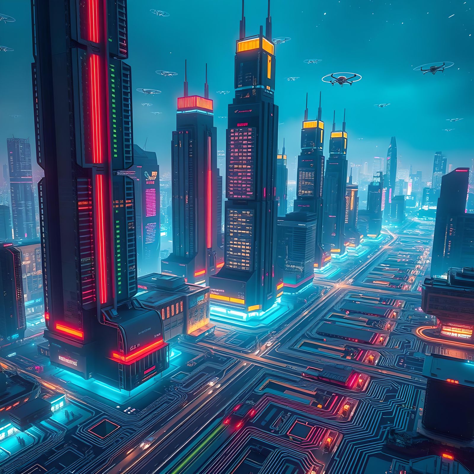 Cyberpunk City Emerging from Circuit Board