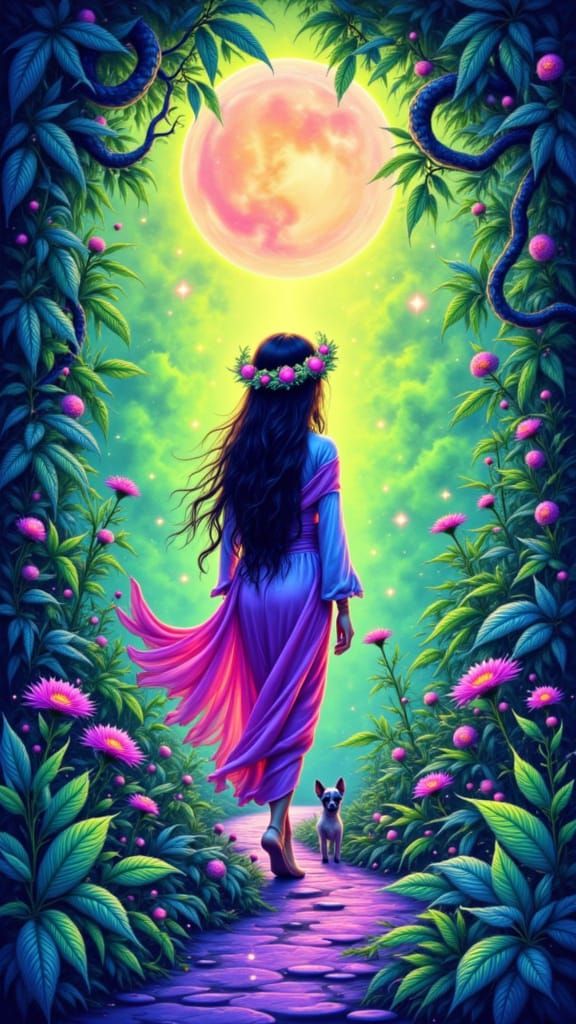 Whimsical Traveler on Neon Path, Bioluminescent Accents