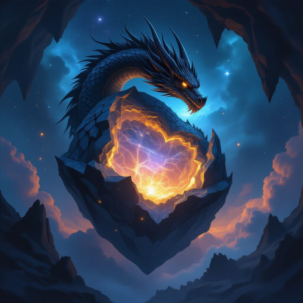 Obsidian Dragon Coiled Around Cosmic Geode, Dark Fantasy Sty...