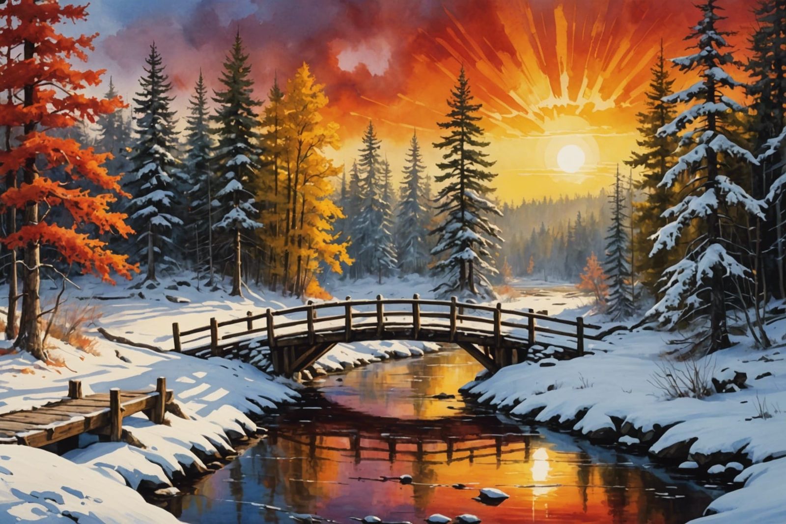 Winter Blizzard Over Forest Creek Bridge