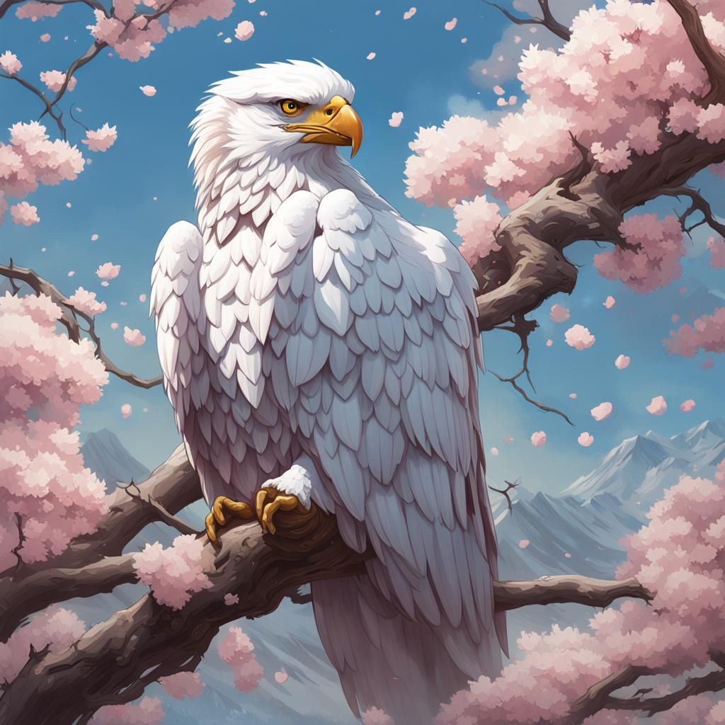 White Eagle on Sakura Branch in Art Deco Style
