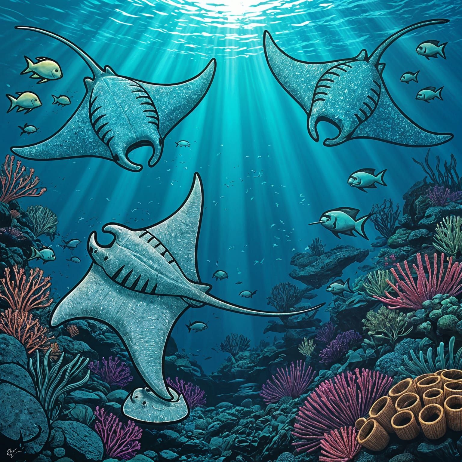 Sea Glass Manta Ray Sculptures in Comic Book Style