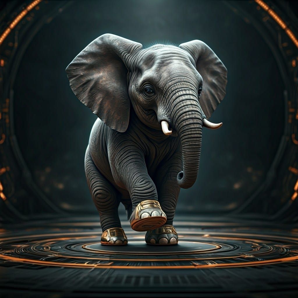 Dancing Elephant in Sci-Fi Cityscape