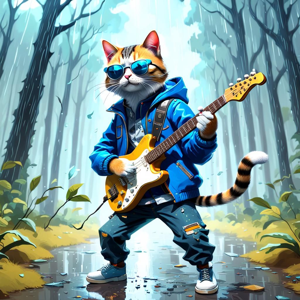 Cat Guitarist Dancing in Rainy Forest: Fantasy Art
