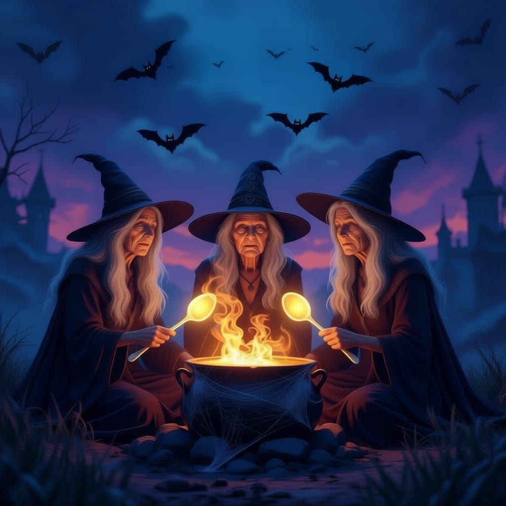 Witches Stirring Pot With Shining Ladles