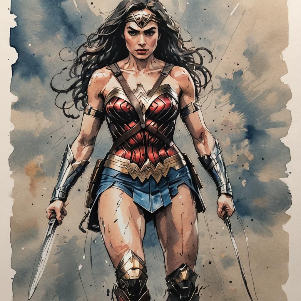Wonder Woman Portrait in Watercolor Sketchbook Style