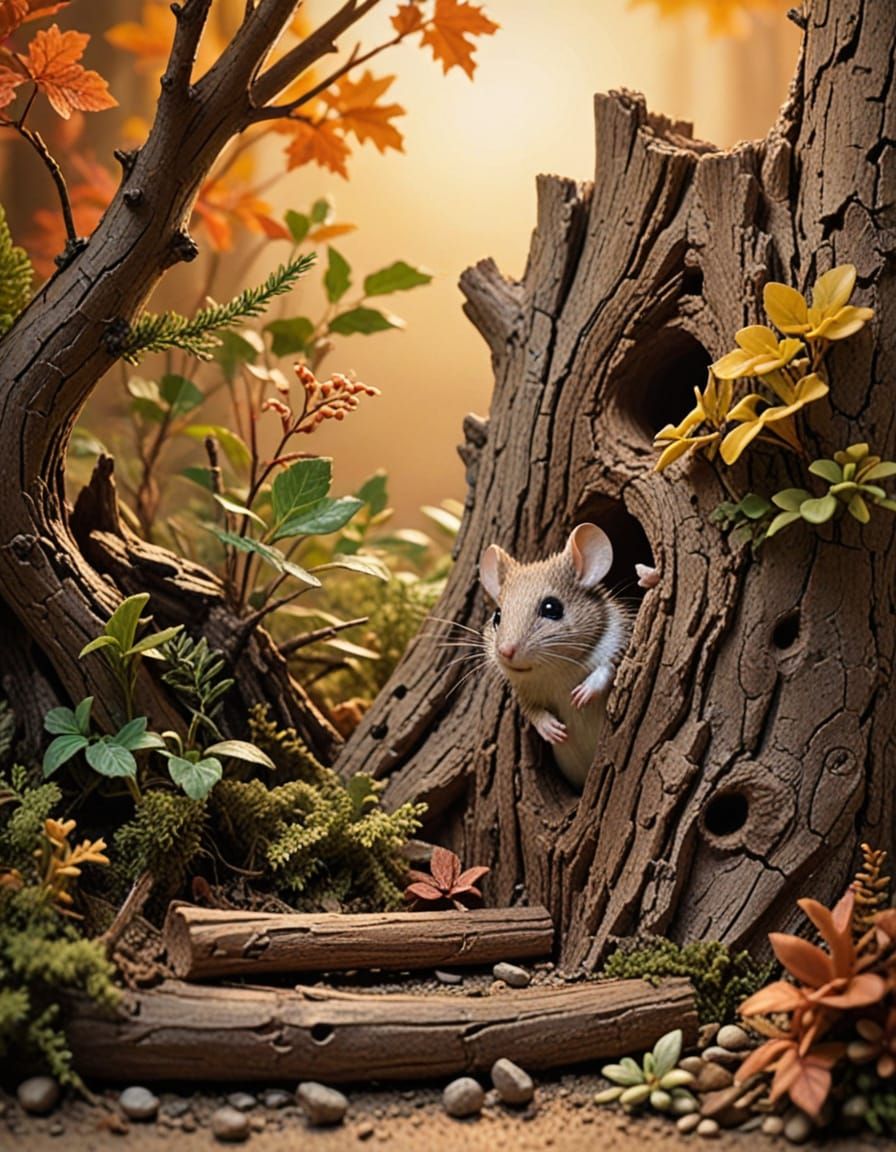 Tiny Mouse in Forest Diorama at Sunrise