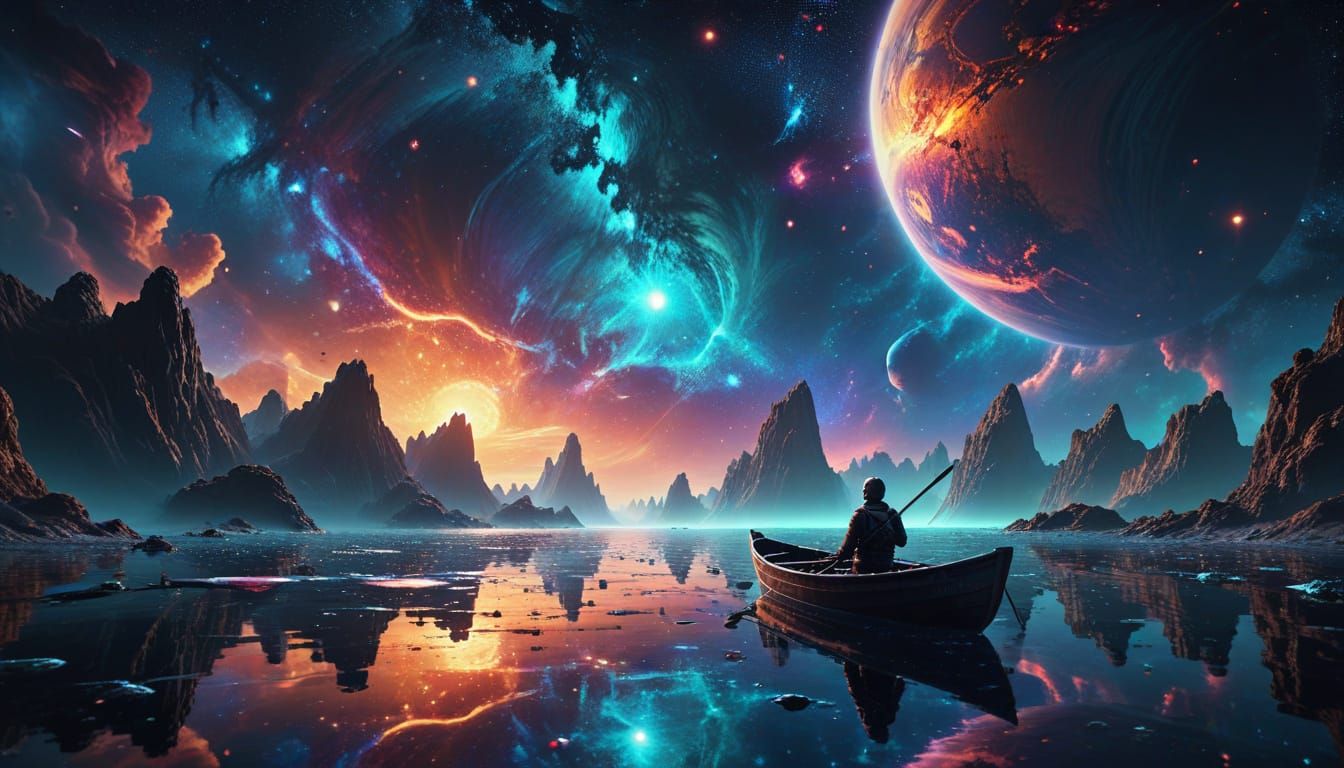 Cosmic Ocean: Lone Voyager Gazing at Colossal Planet