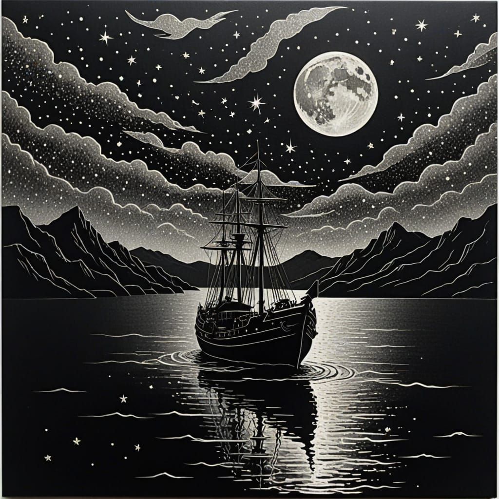 Mystical Starry Night Over Black Sea: Silver Etching