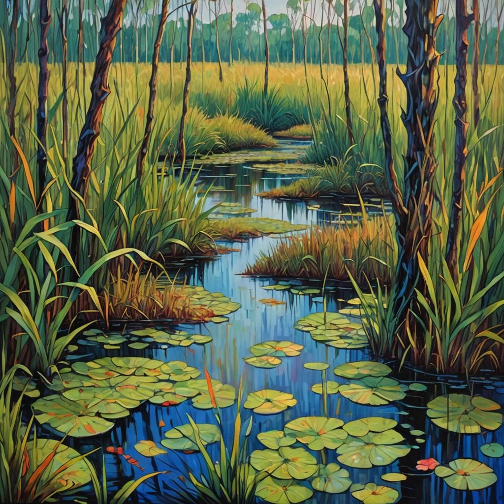 Swamp Leviathan: Neo-Impressionist Expressionist Oil Paintin...