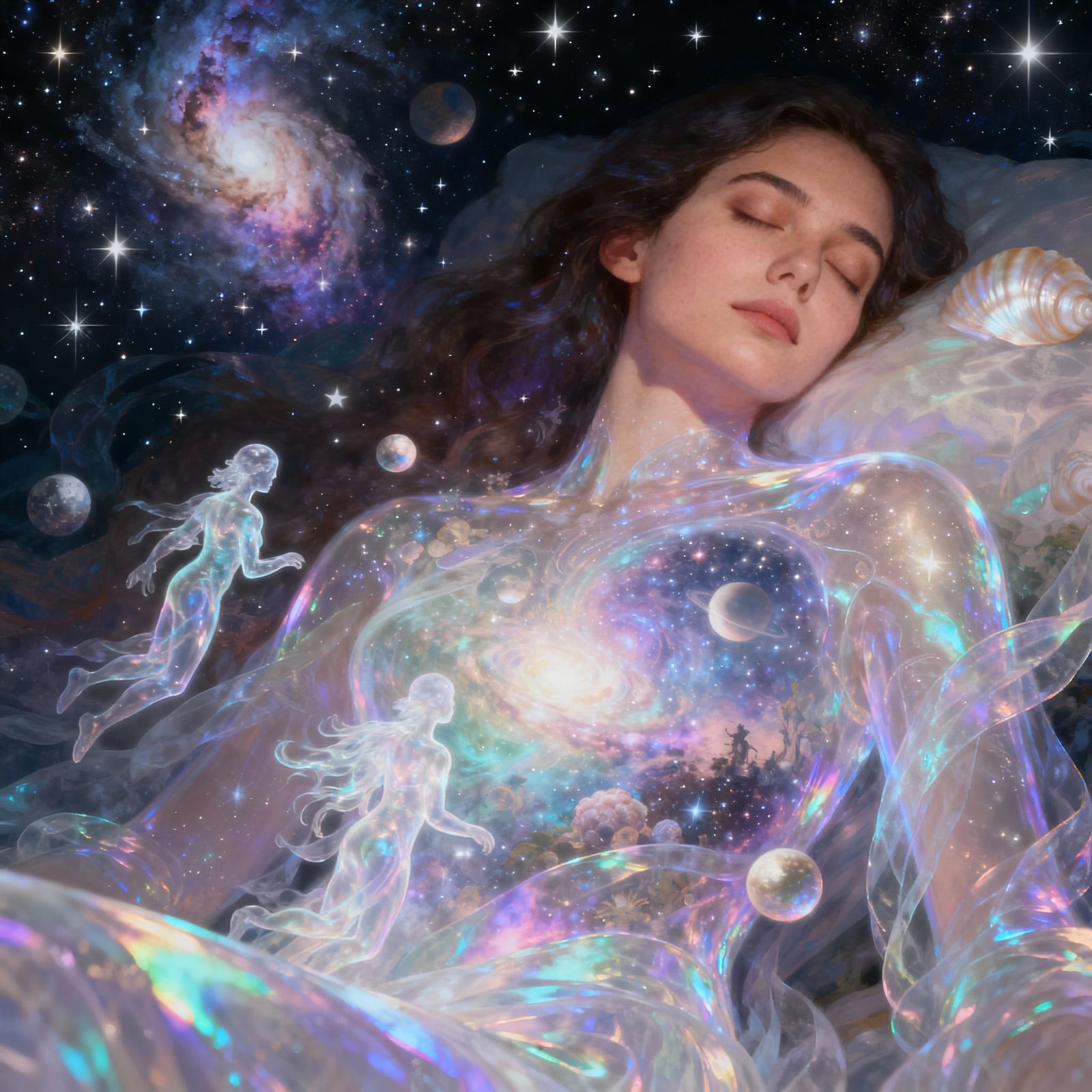 Dream World Unfolds From Sleeping Woman in Pearlescent Hues