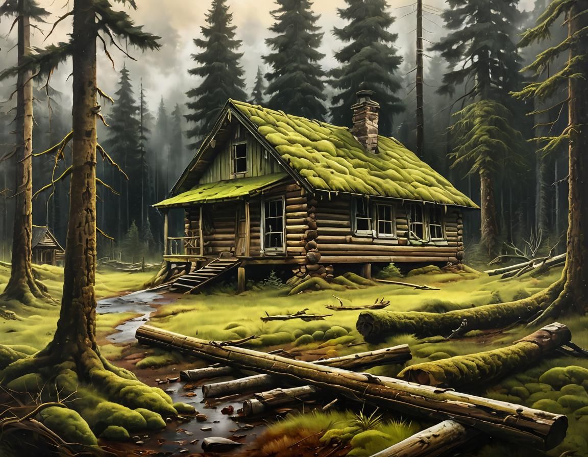 Misty Forest Cabin: Oil Painting of Abandonment