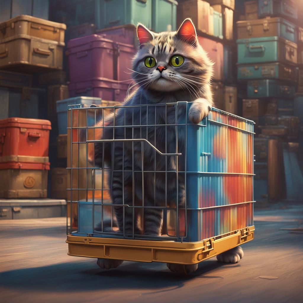 Cartoon Cat Walks with Vinyl Records Crate