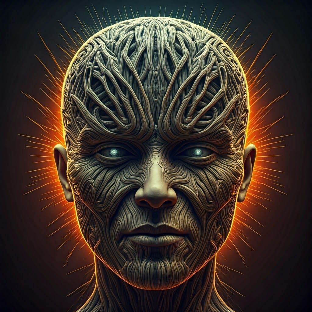Electrified Neural Head in Surrealist Digital Art