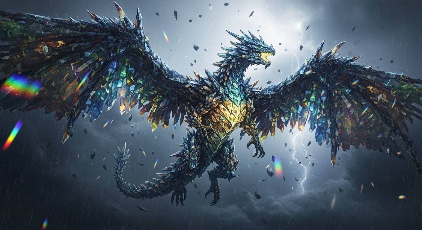 Crystal Dragon Soaring Through Stormy Skies