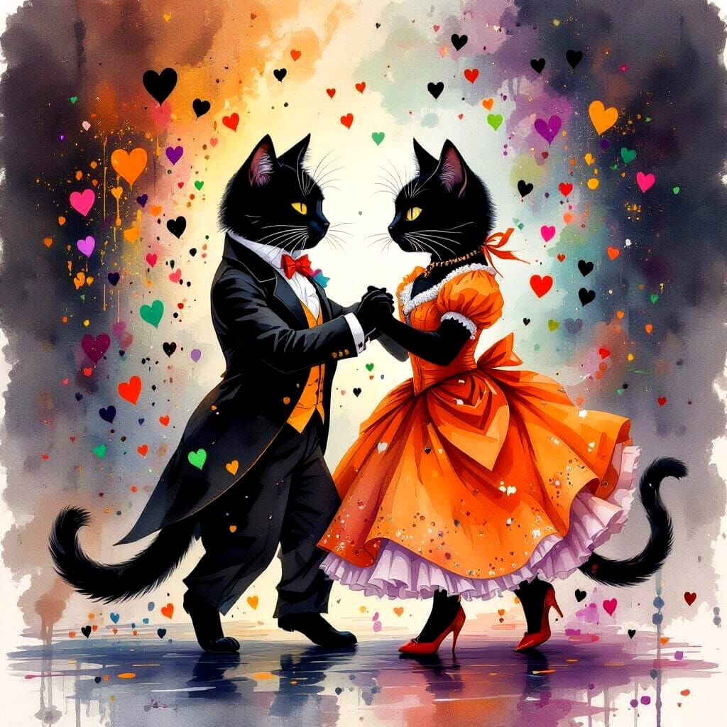Anthropomorphic Cats Dancing in Romantic Splash Art