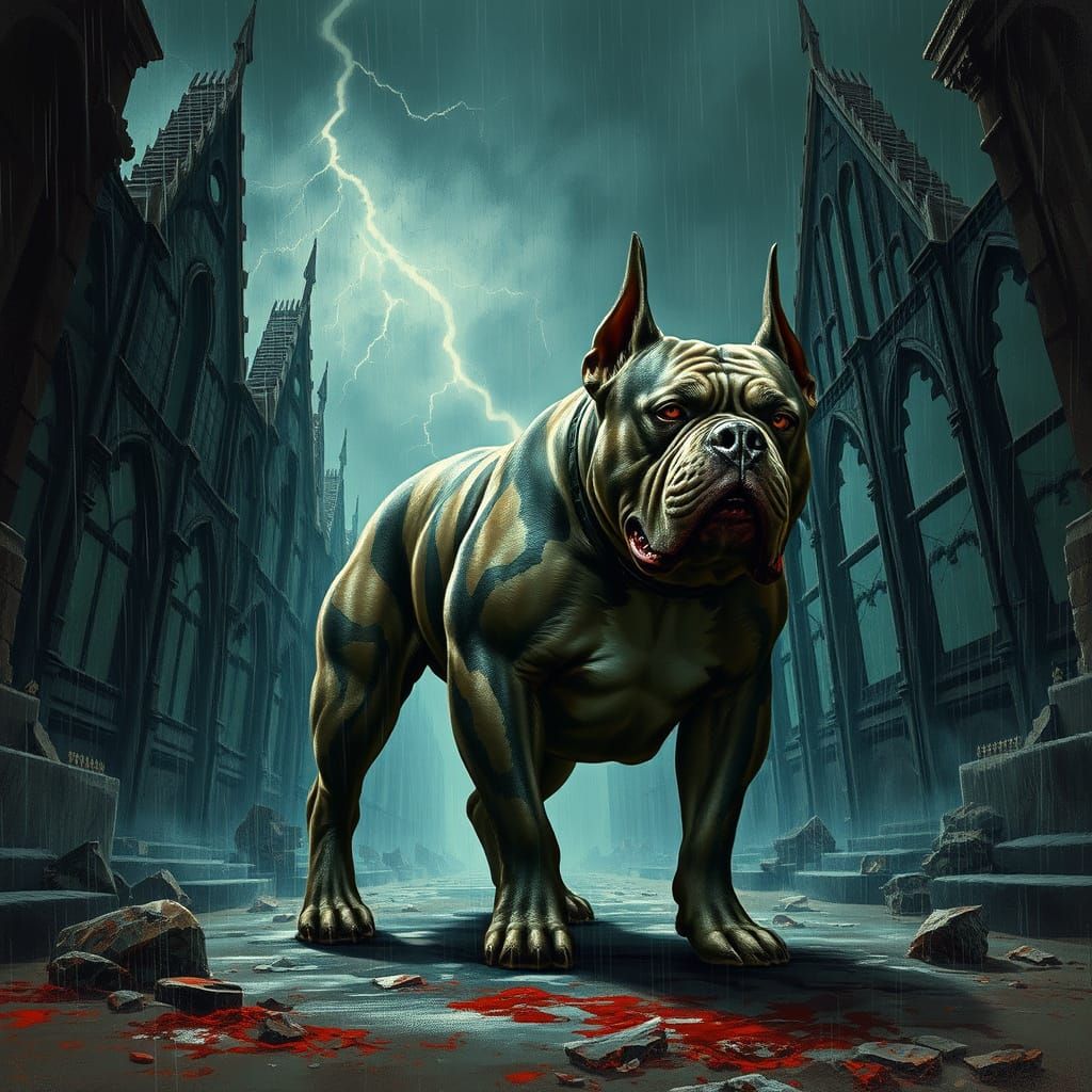 Pitbull in Gothic Cathedral Ruins, Dark Fantasy