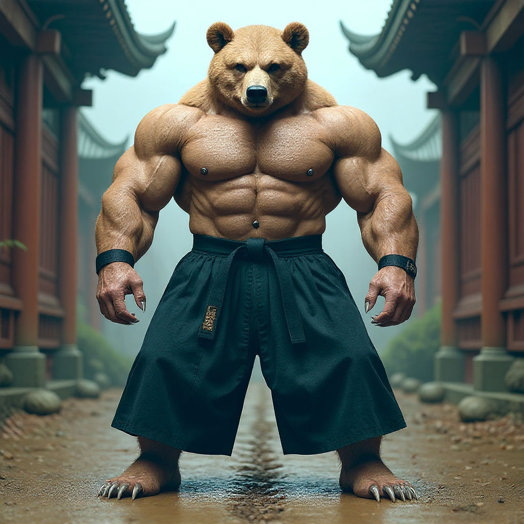 Muscular Aikido Bear Bodybuilder in Digital Matte Painting