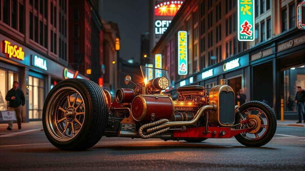 Steampunk Brass Hot Rod Convertible at Night in Neon Light