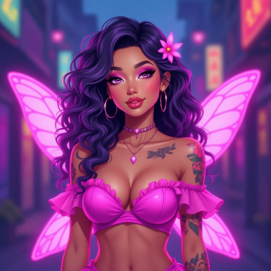 Vibrant Neon Fairy in Manga Style