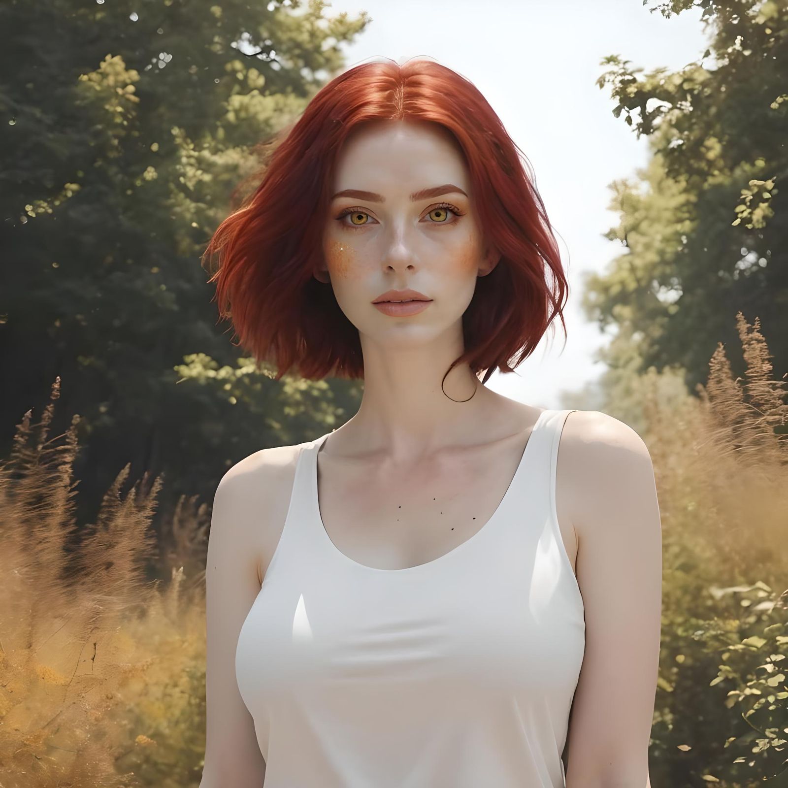 Agitated Woman with Crimson Hair in Sunlight