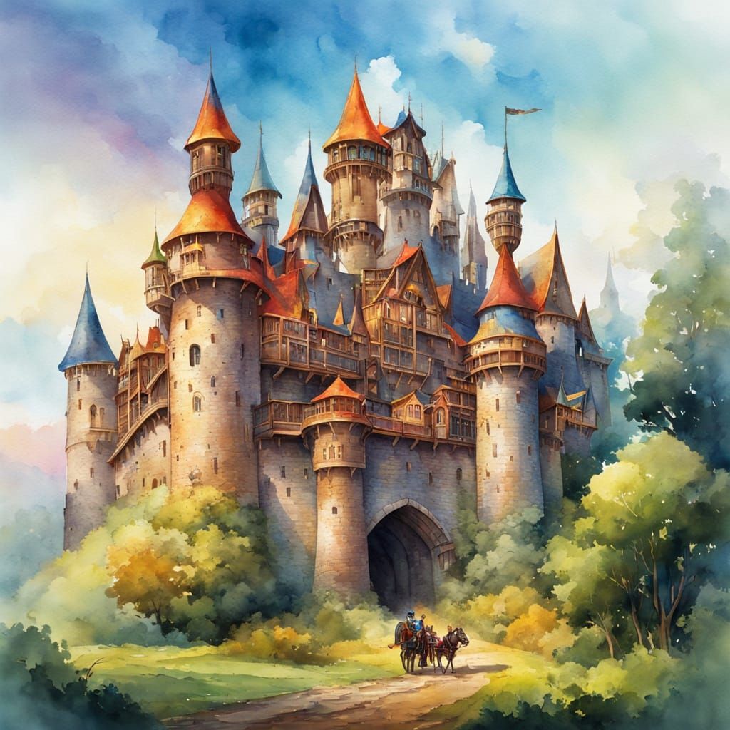 Colorful Medieval Castle with Steampunk Engineer