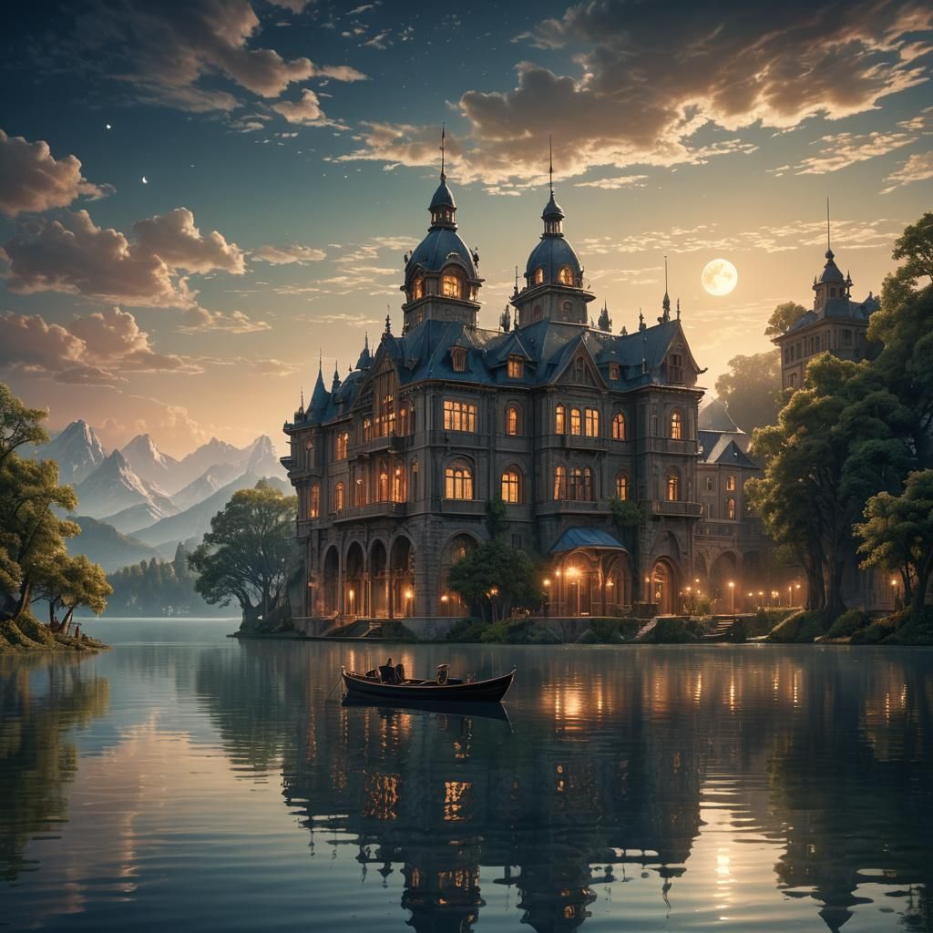 Mystical Lakeside City with Contrasting Light, Matte Paintin...