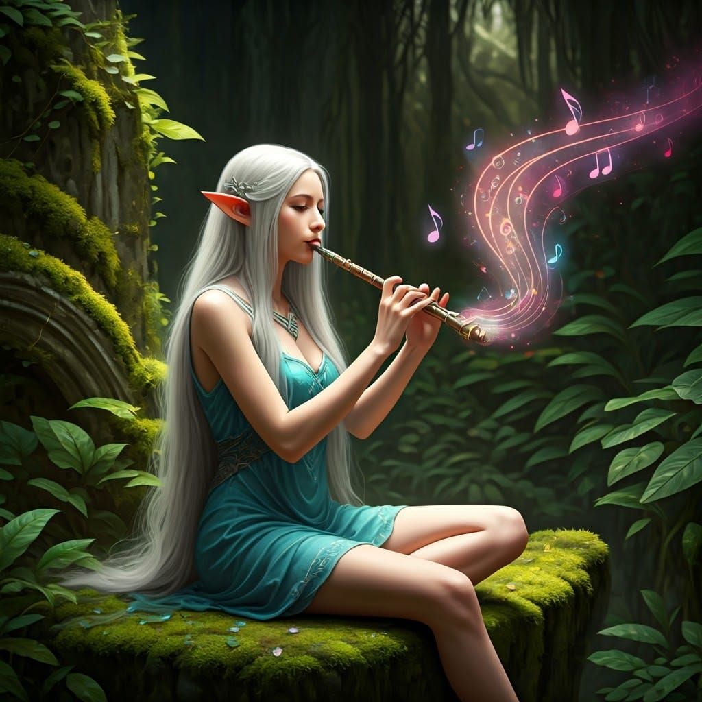 Enchanting Elven Maiden's Forest Melody: Digital Art