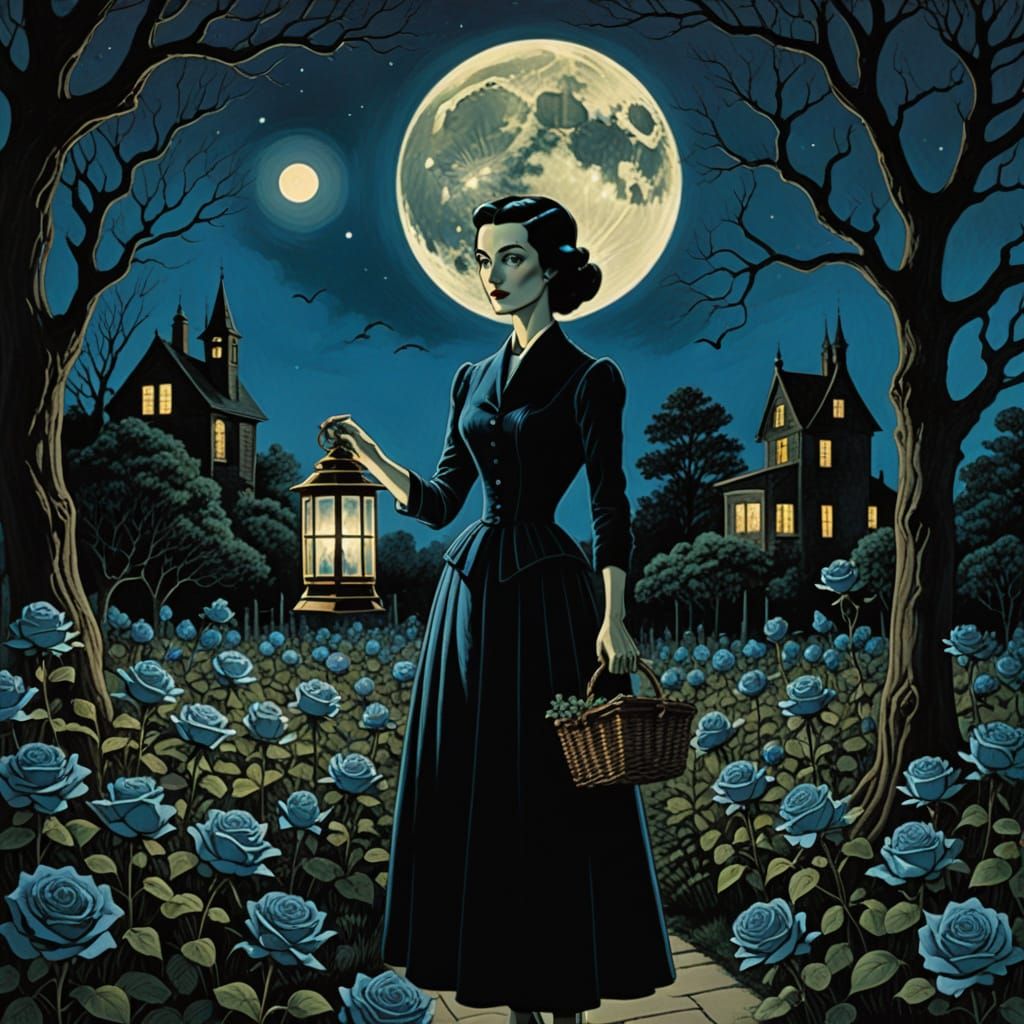 Surreal Gothic Housewife in Moonlight Garden