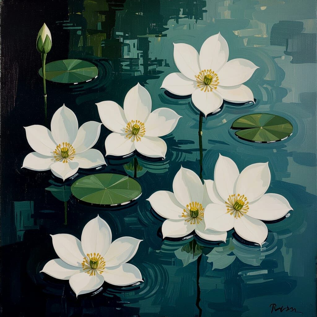 Jasmine Blossoms Floating in Water, Dark Green Hues