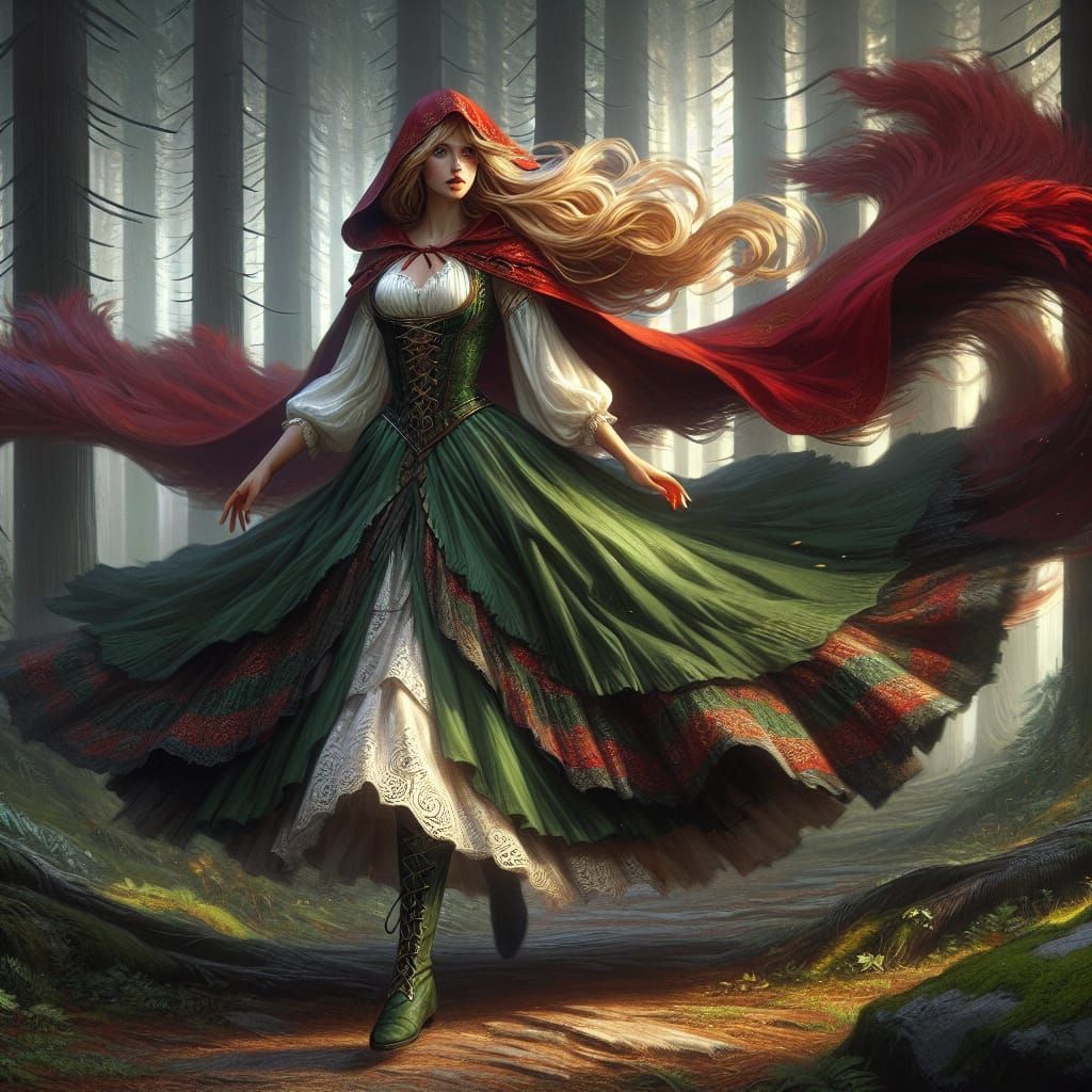 The image is of a beautiful woman wearing a long hooded red ...