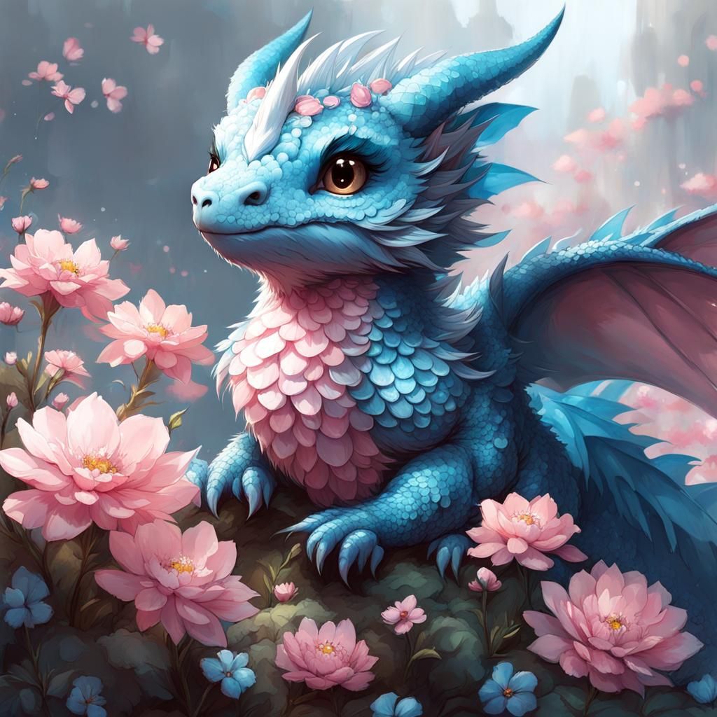 Cute Chibi Dragon with Pink Scales and Flowers