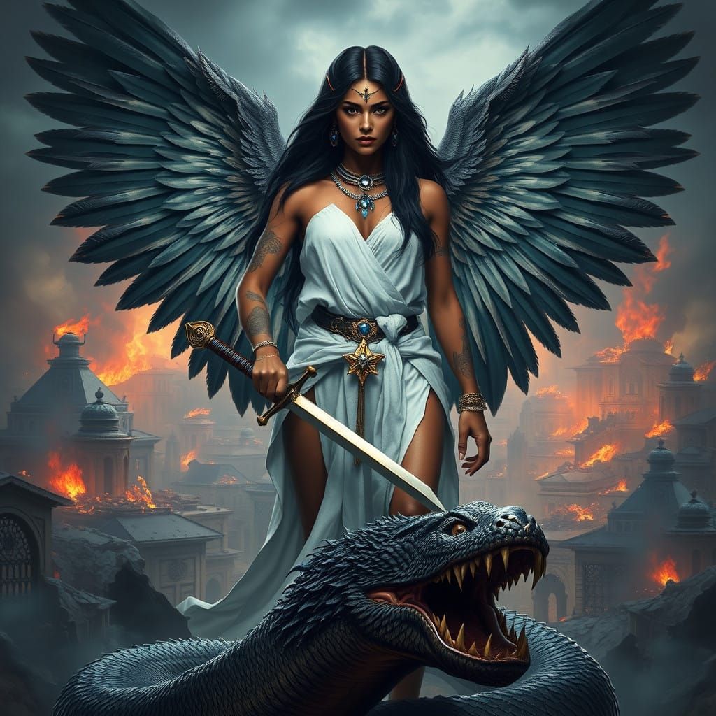Ethereal Goddess of War, Dark Skinned Beauty with Feathered....