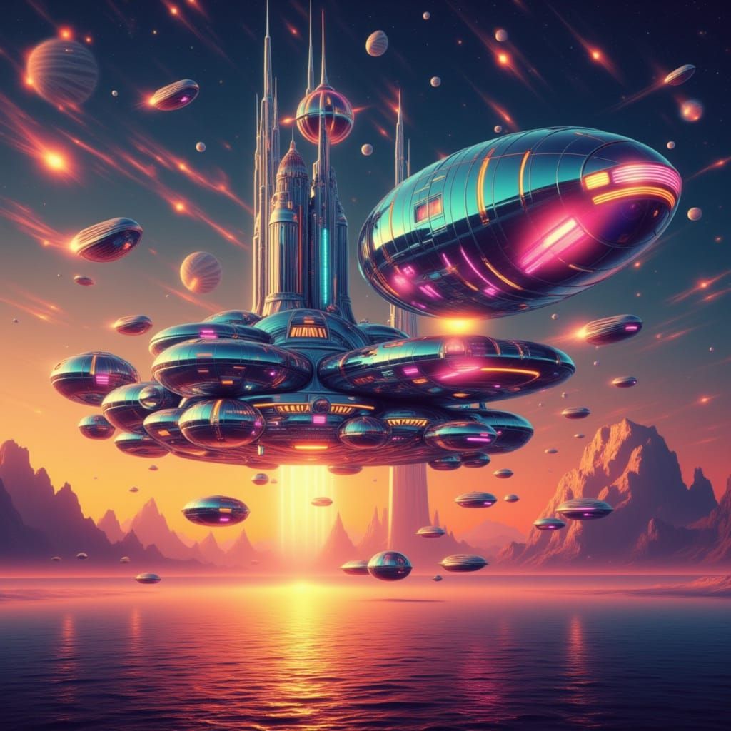 Art Deco Rocketship Launch at Sunset