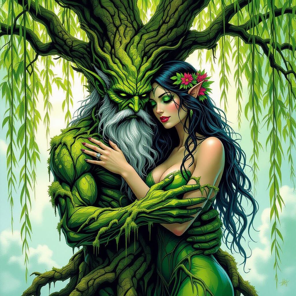 Entwined Tree Dryads in Hyperrealistic Comic Style