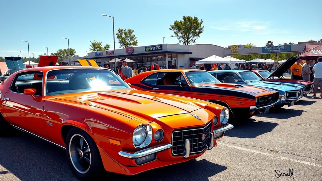 1970s Muscle Cars at Outdoor Car Show in Comic Style