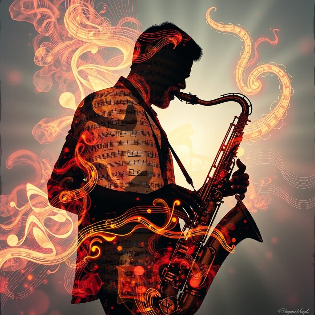 Surreal Saxophone Player Double Exposure in Painterly Realis...