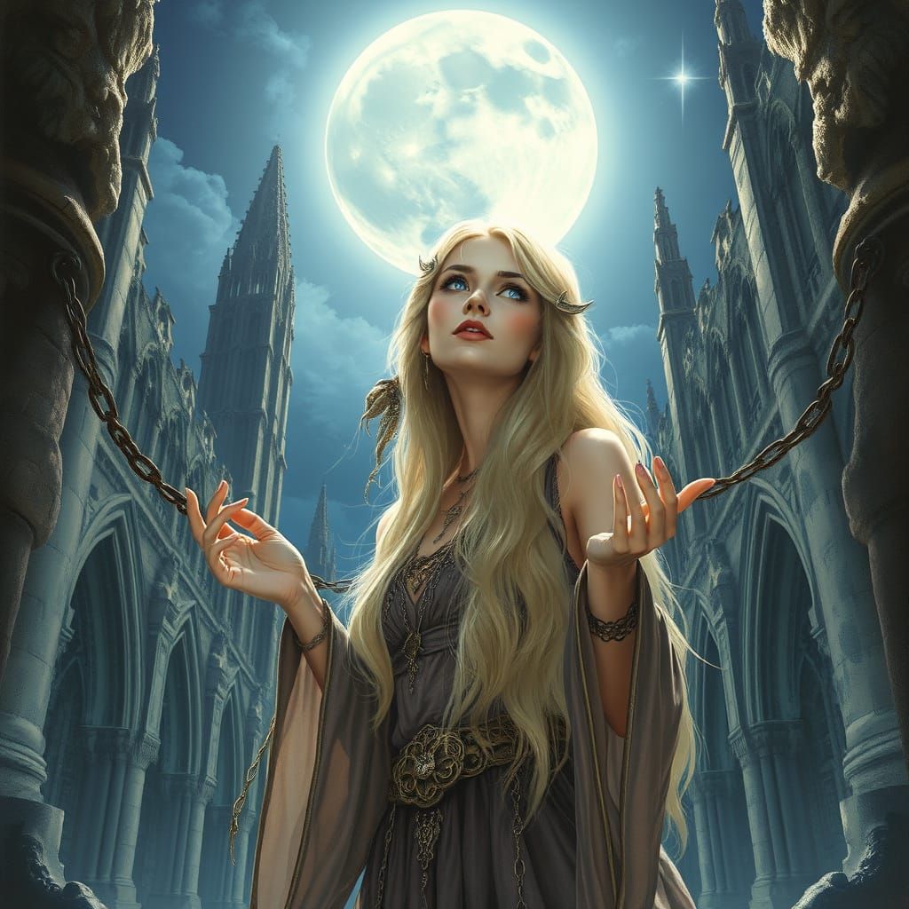 Sorceress in Moonlit Cathedral Shadows