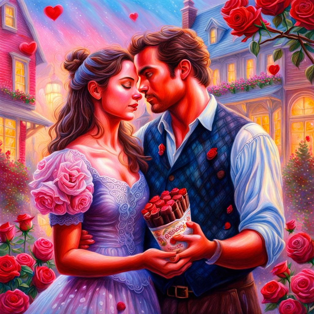 Valentine's Day: Chocolates and Roses in Color Pencil Sketch