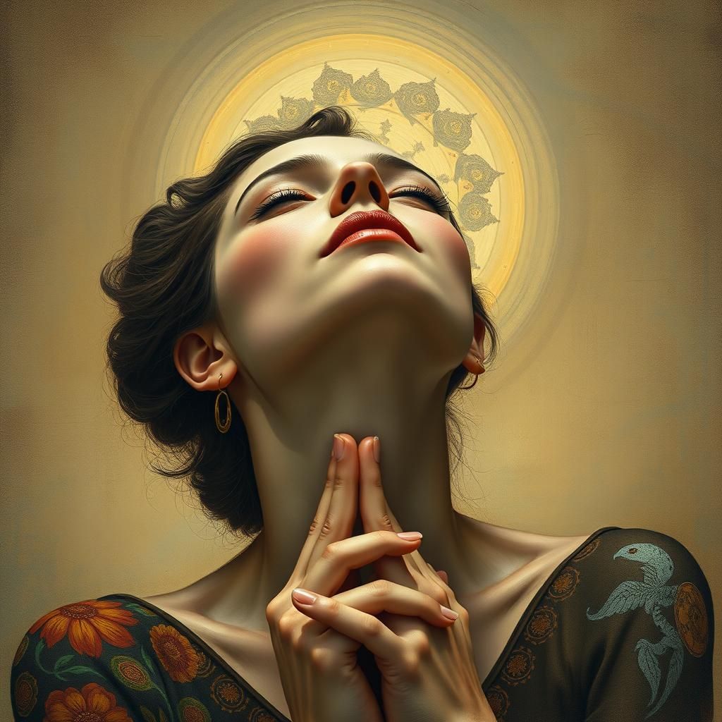 Emotional Woman in Exaltation: Klimt-Inspired Portrait