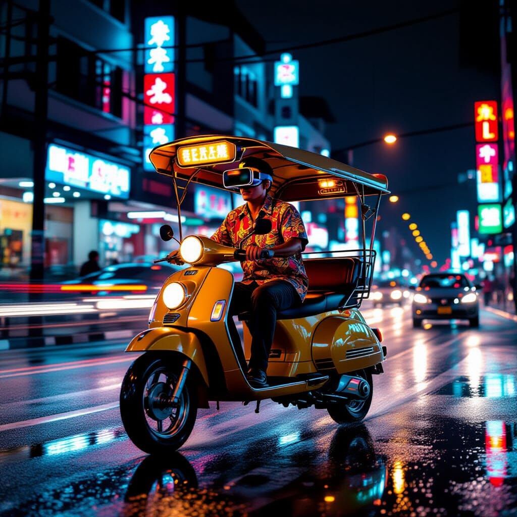 Futuristic Becak in Neon-Lit Retro Street