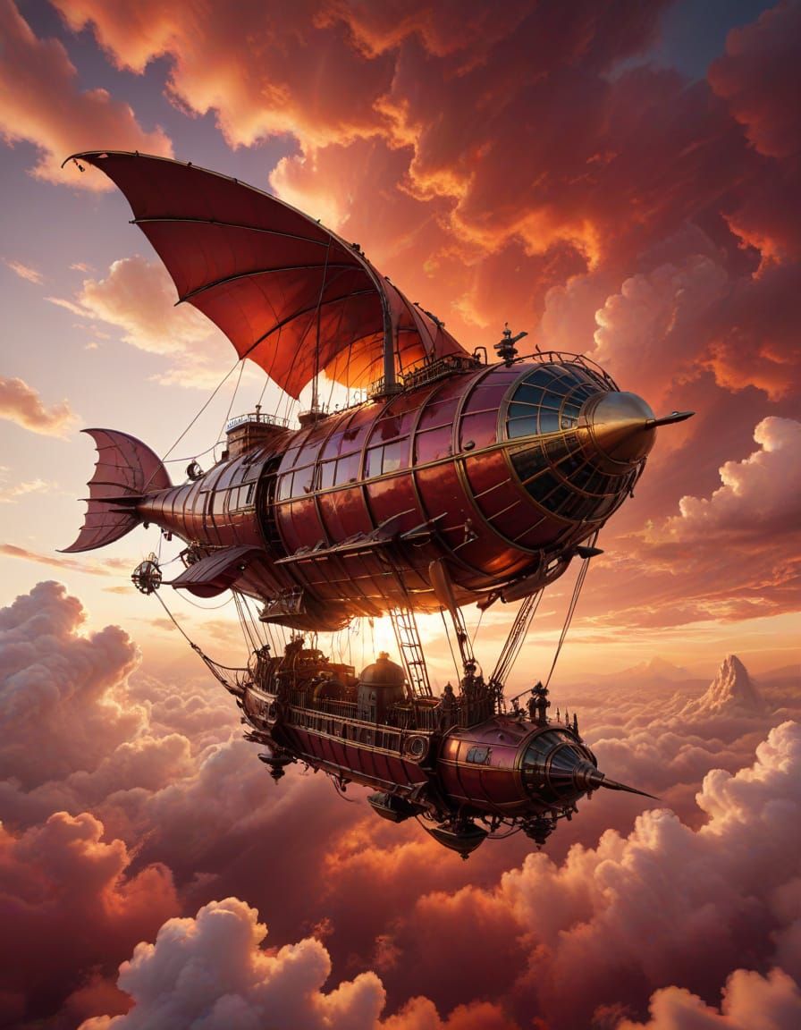 Dragon Steampunk Airship in Crimson Sky